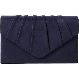🆕 Women Blue Clutch Evening Purse Evening Party Velvet Suede Pleated Handbag